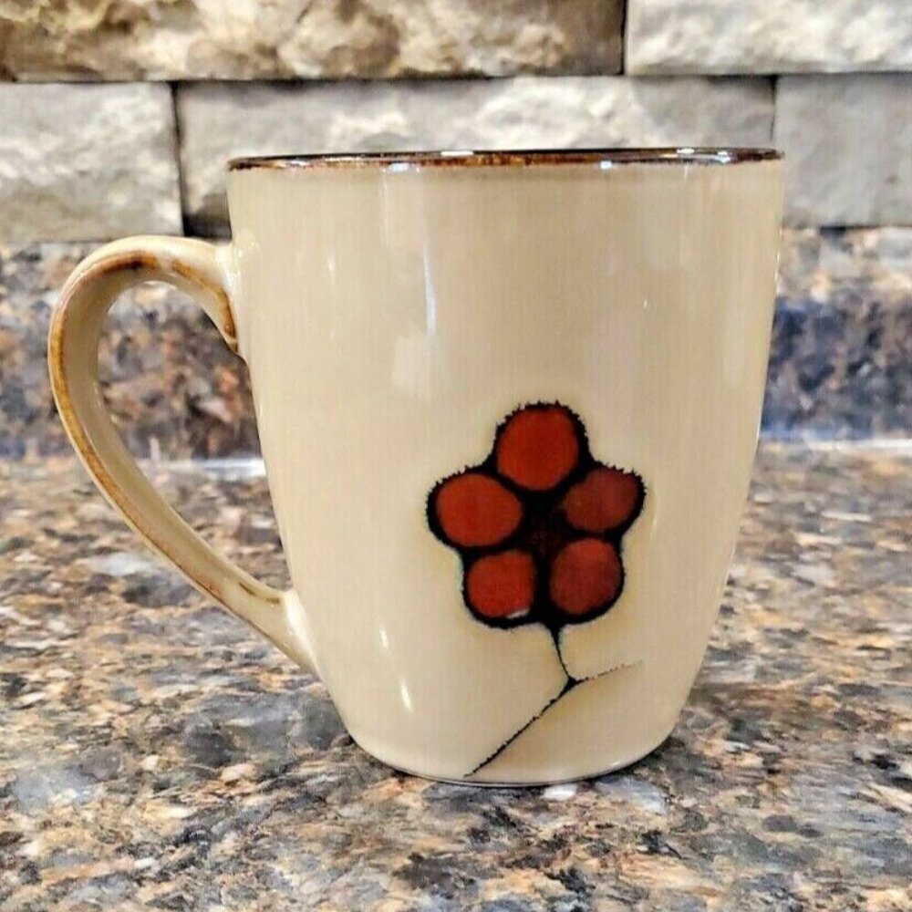 Pfaltzgraff Studio ASTER Coffee Tea Mug Cup Red Flower on Beige Brown Inside